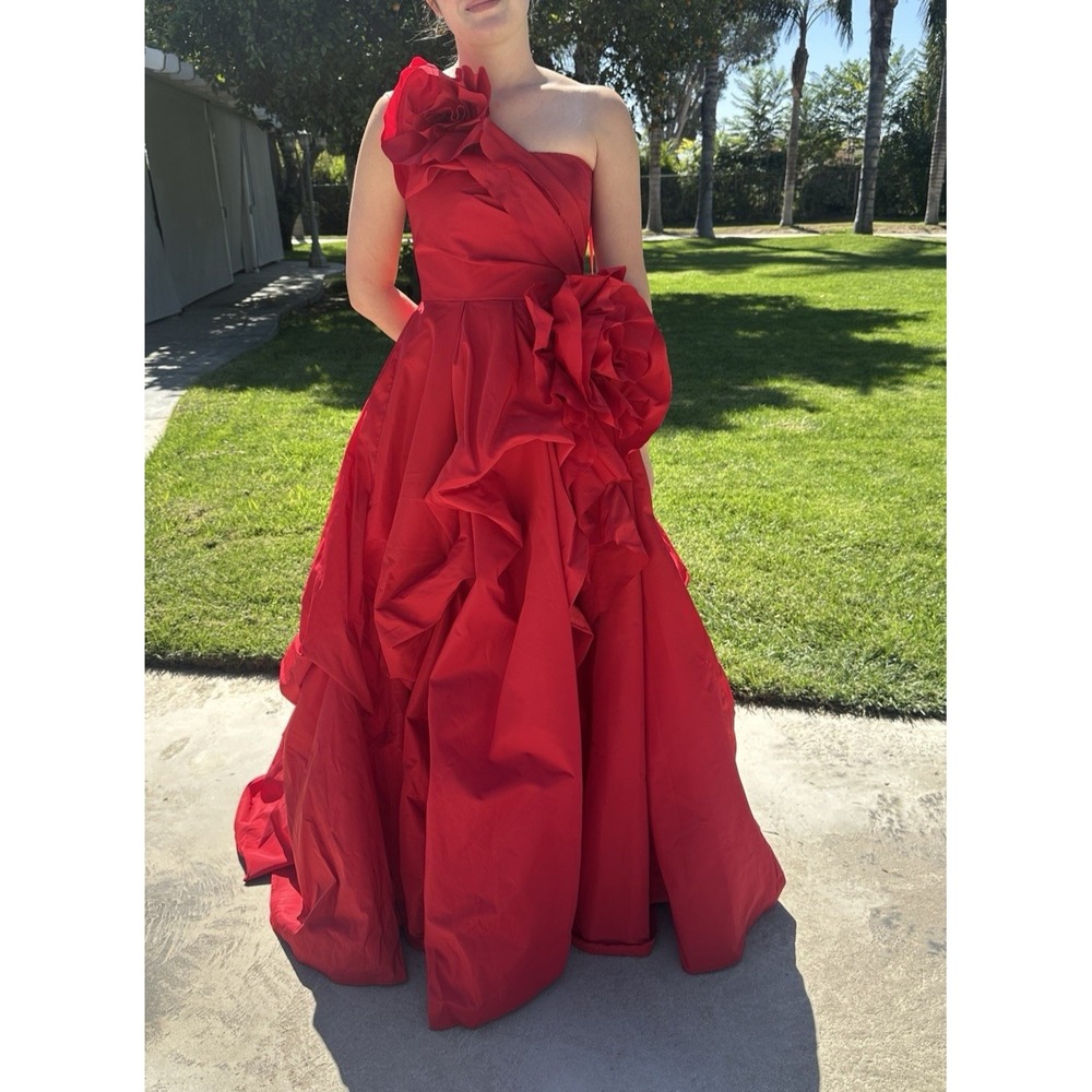 NEW MAC‎ DUGGAL [ 2 ] 11992 ONE SHOULDER Embellished Rosette Ball Gown in Red - Picture 2 of 16